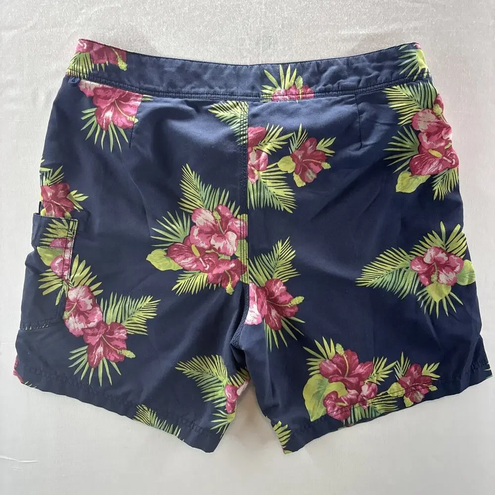 J CREW Mens Solid Swim Trunks 100% Nylon Hawaiian Print Size 31 Navy Blue Pink